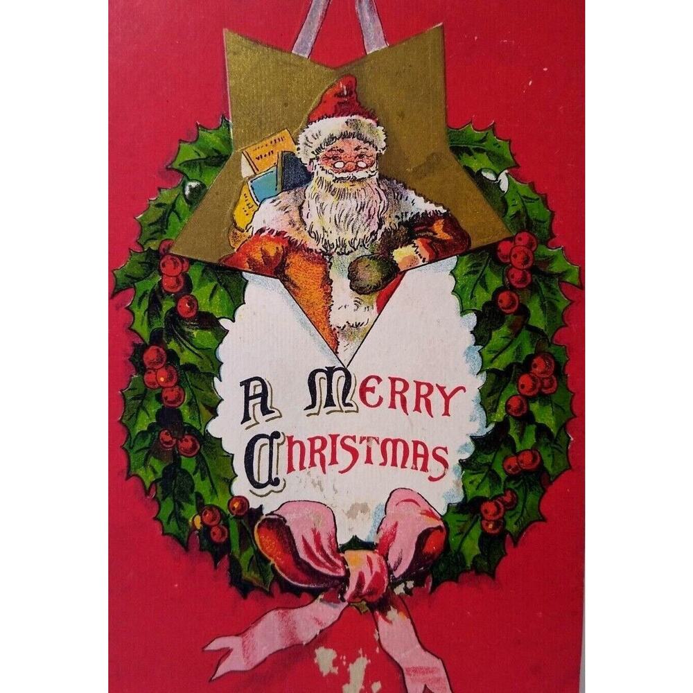 Santa Claus Saint Nicholas Christmas Postcard Hanging Inside Wreath Series 1164